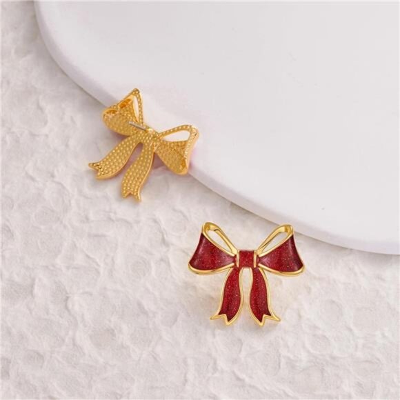 Red Bow Earrings | 18K Gold Plated Studs | Shiny Oil Drop Finish - Picture 4 of 7